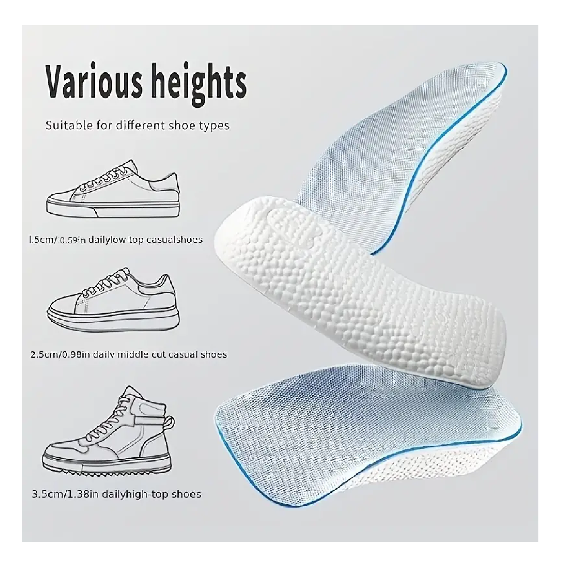 1 Pair Of Arch Support Inner Heightening Insole For Men And Women Invisible Soft Bottom Breathable Sports Shock Absorption Not Tired Feet Orthopedic Insoles Sneakers Heel Lift Memory Foam Shoe Pads