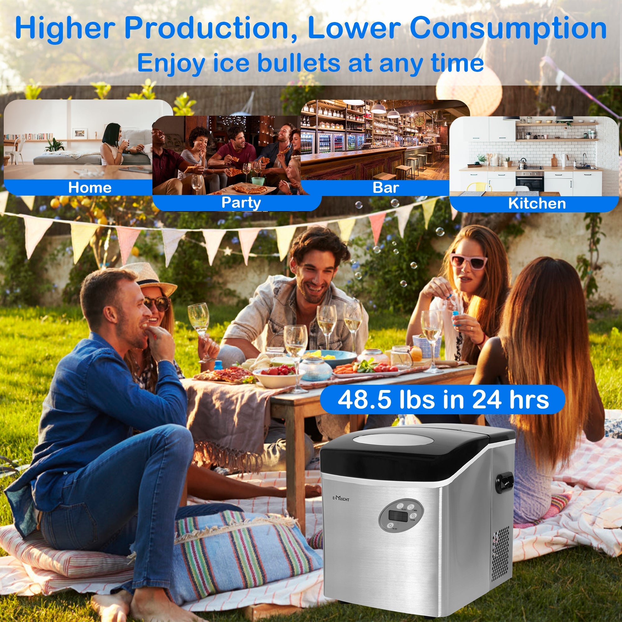 E-Macht Countertop Ice Maker, Self Cleaning, 48.5lbs/24H, Portable Ice Machine with Hand Scoop for Home Kitchen Party Camping