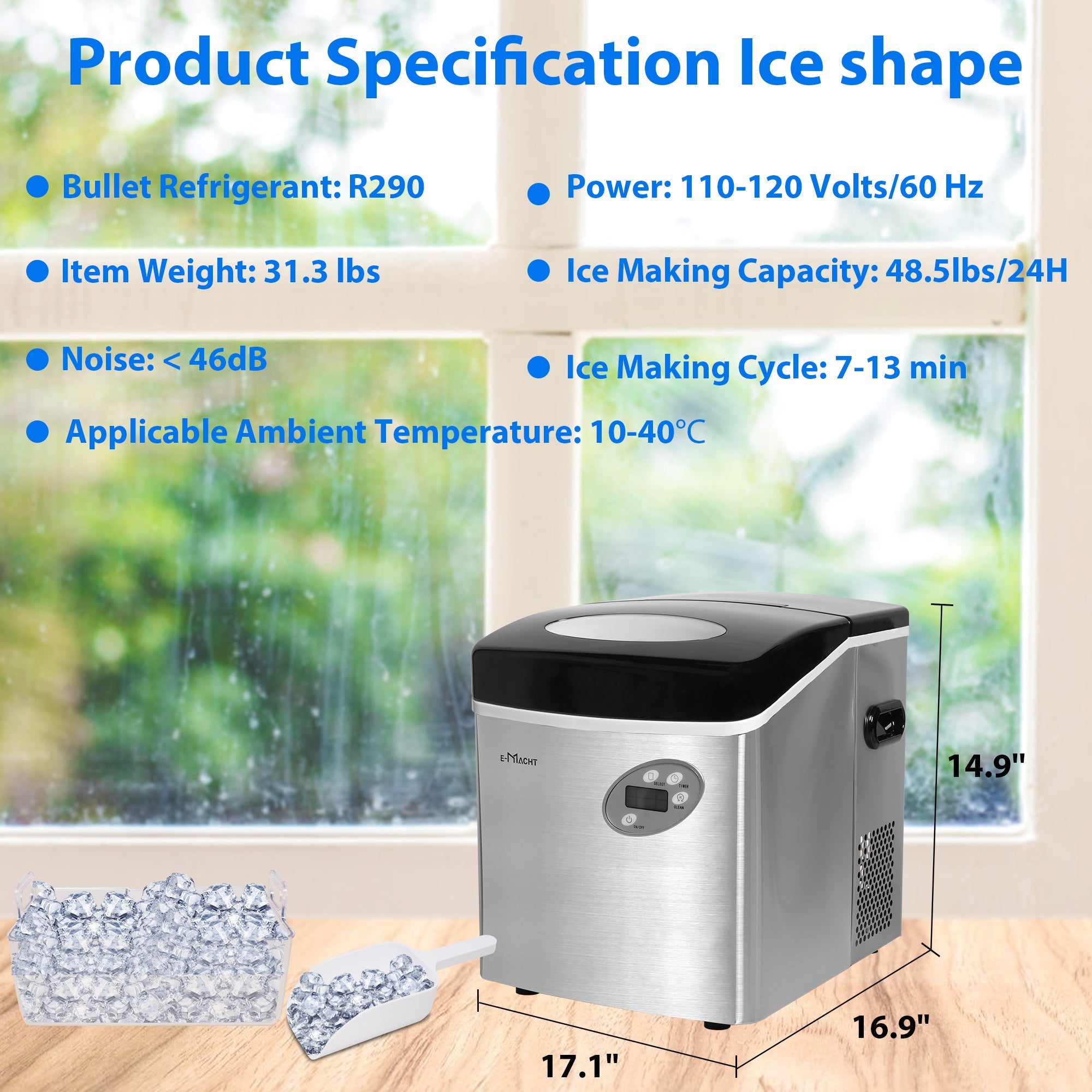 E-Macht Countertop Ice Maker, Self Cleaning, 48.5lbs/24H, Portable Ice Machine with Hand Scoop for Home Kitchen Party Camping