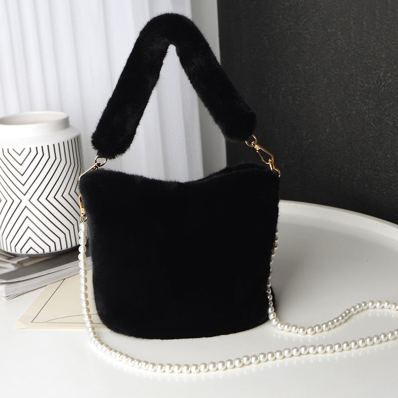 Checkerboard Plush Bucket Bag With Pearl Chain Design