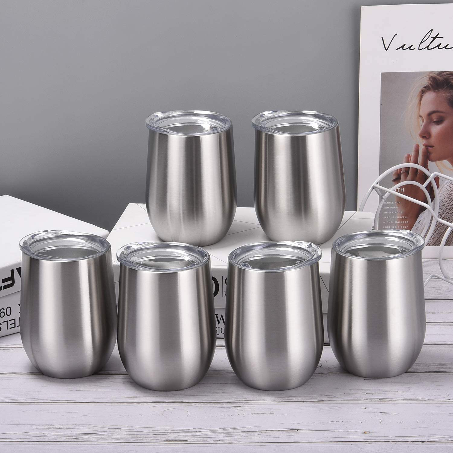 6 Pack 12Oz Stainless Steel, Stemless Wine Tumbler, Glasses Set with Lid & Straw