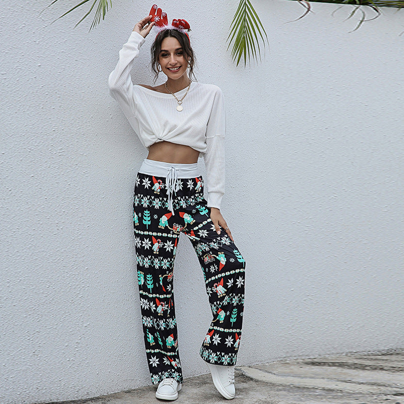 Casual Drawstring Trousers With Christmas Snowflake Tree Elk Print