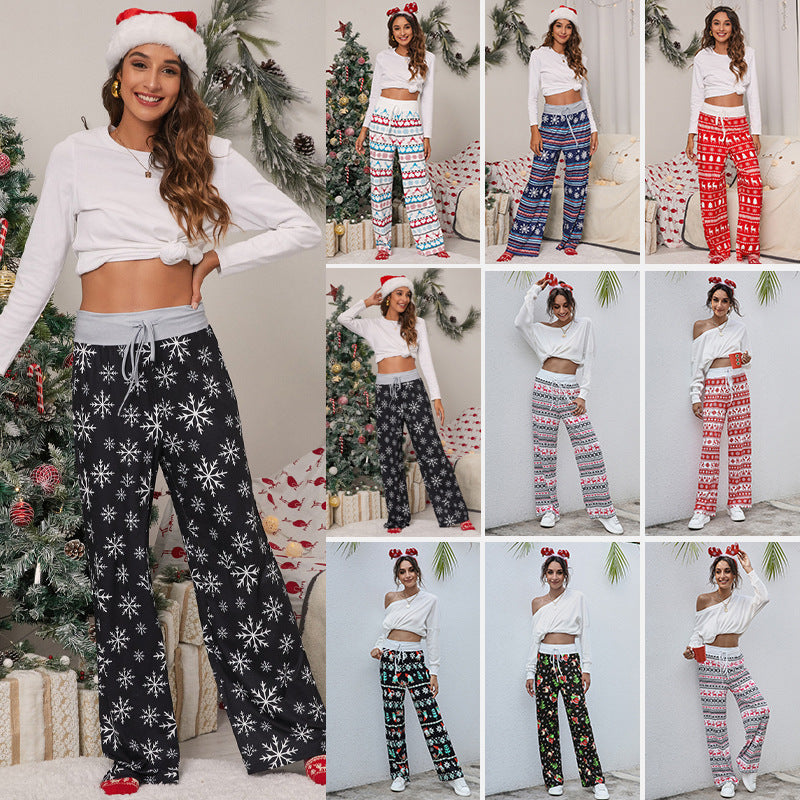 Casual Drawstring Trousers With Christmas Snowflake Tree Elk Print