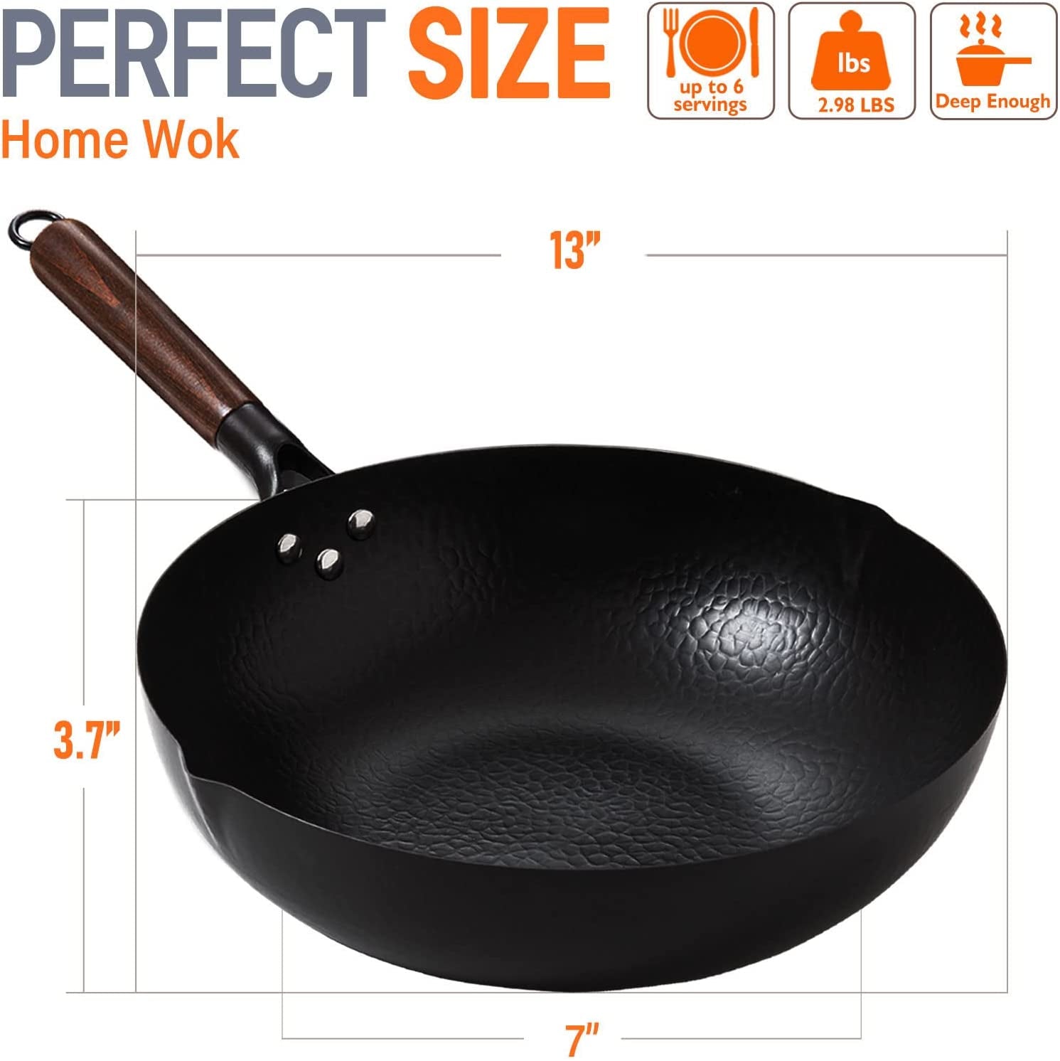Carbon Steel Wok, 13 Inch Wok Pan with Lid and Cookwares  5Pcs