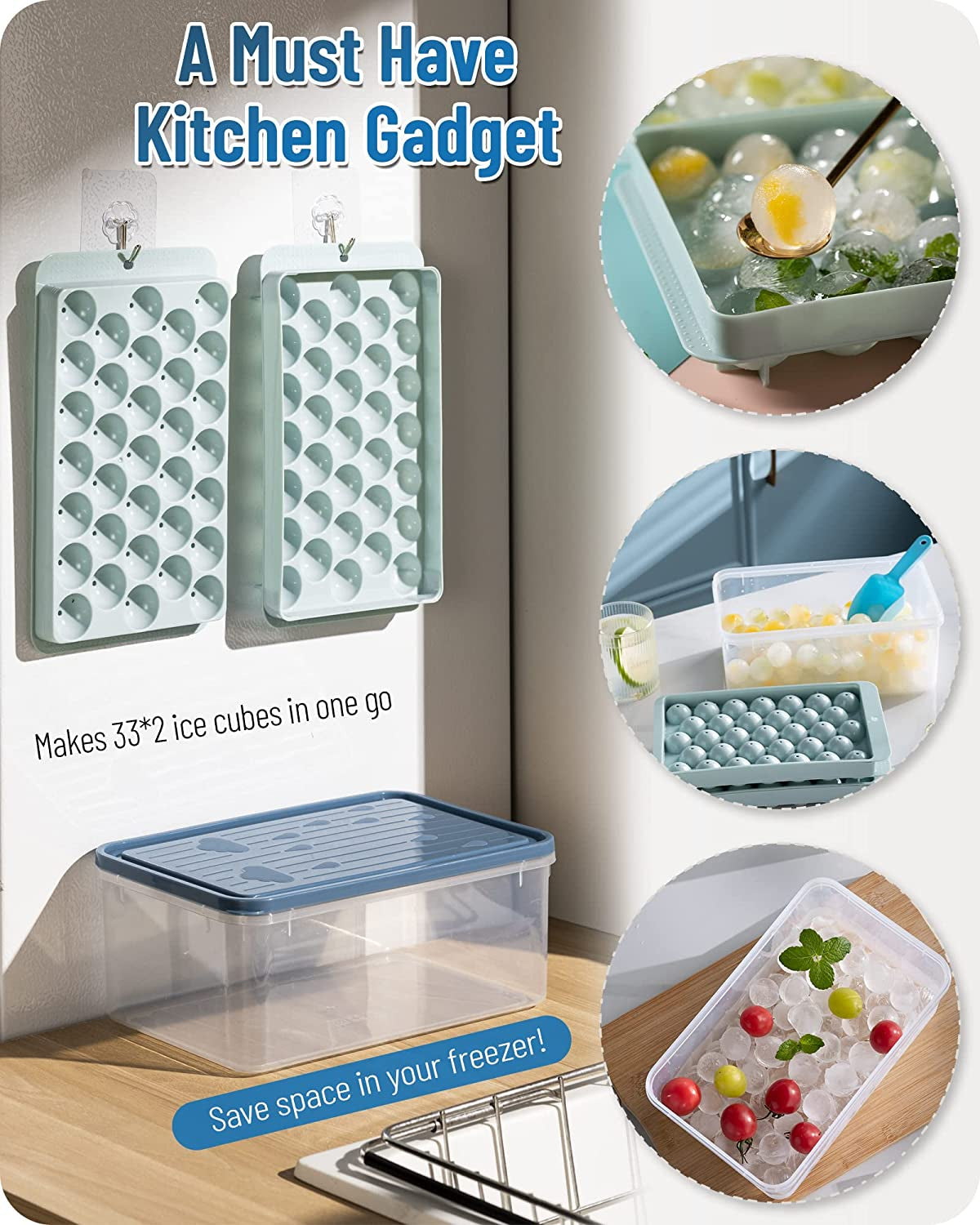Round Ice Cubes Trays, Round Ice Trays for Freezer with Lid, Ice Buckets Tongs & Scoop