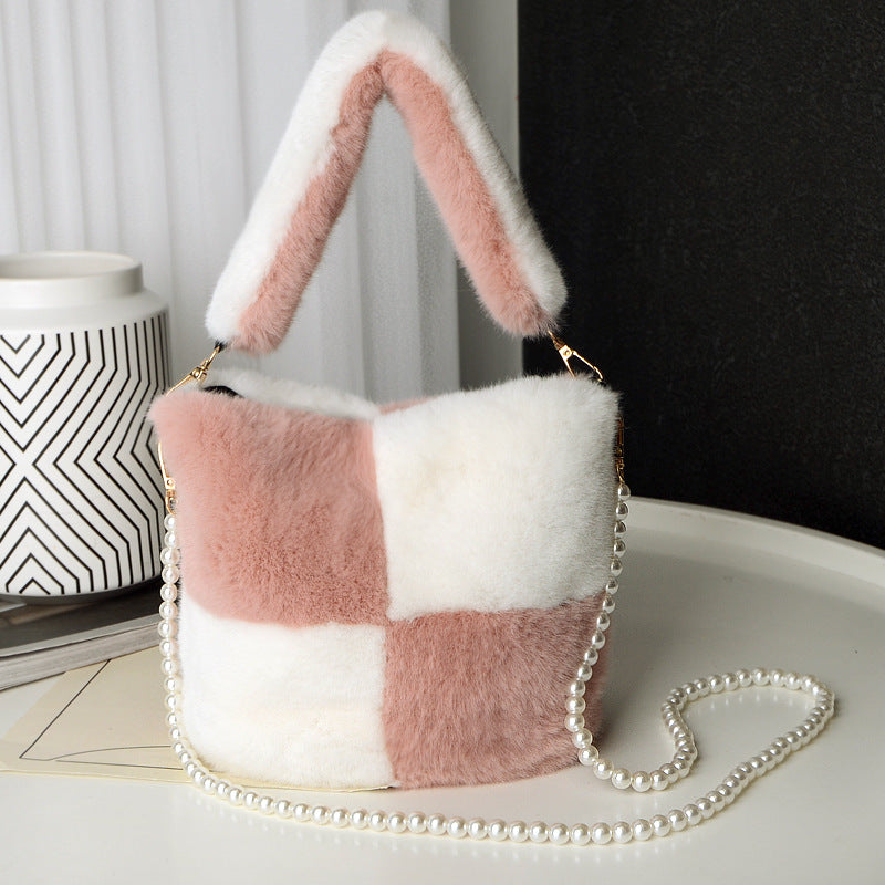 Checkerboard Plush Bucket Bag With Pearl Chain Design