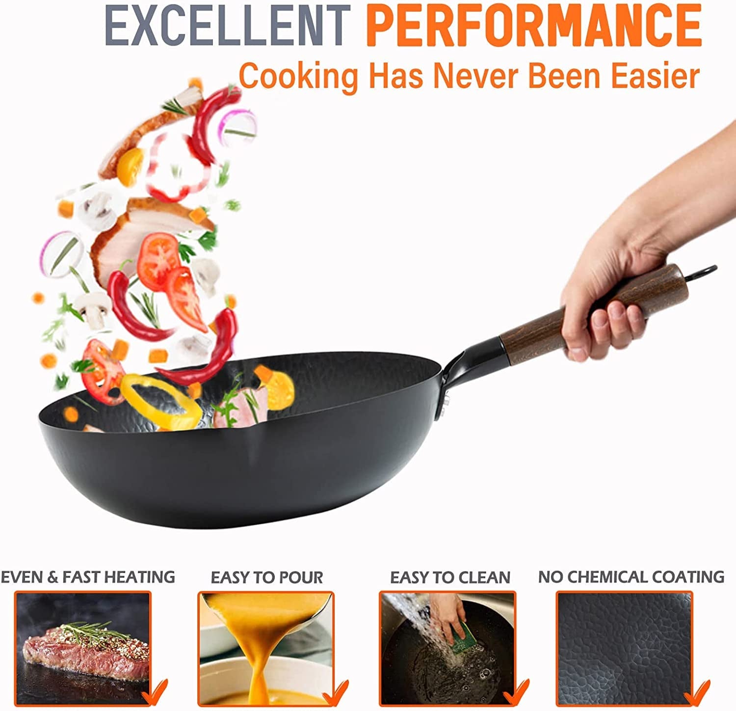 Carbon Steel Wok, 13 Inch Wok Pan with Lid and Cookwares  5Pcs
