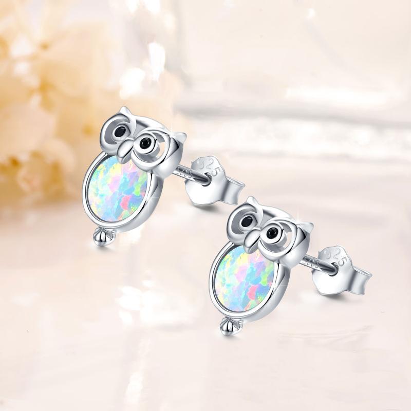 Sterling Silver Owl Opal Stud Earrings