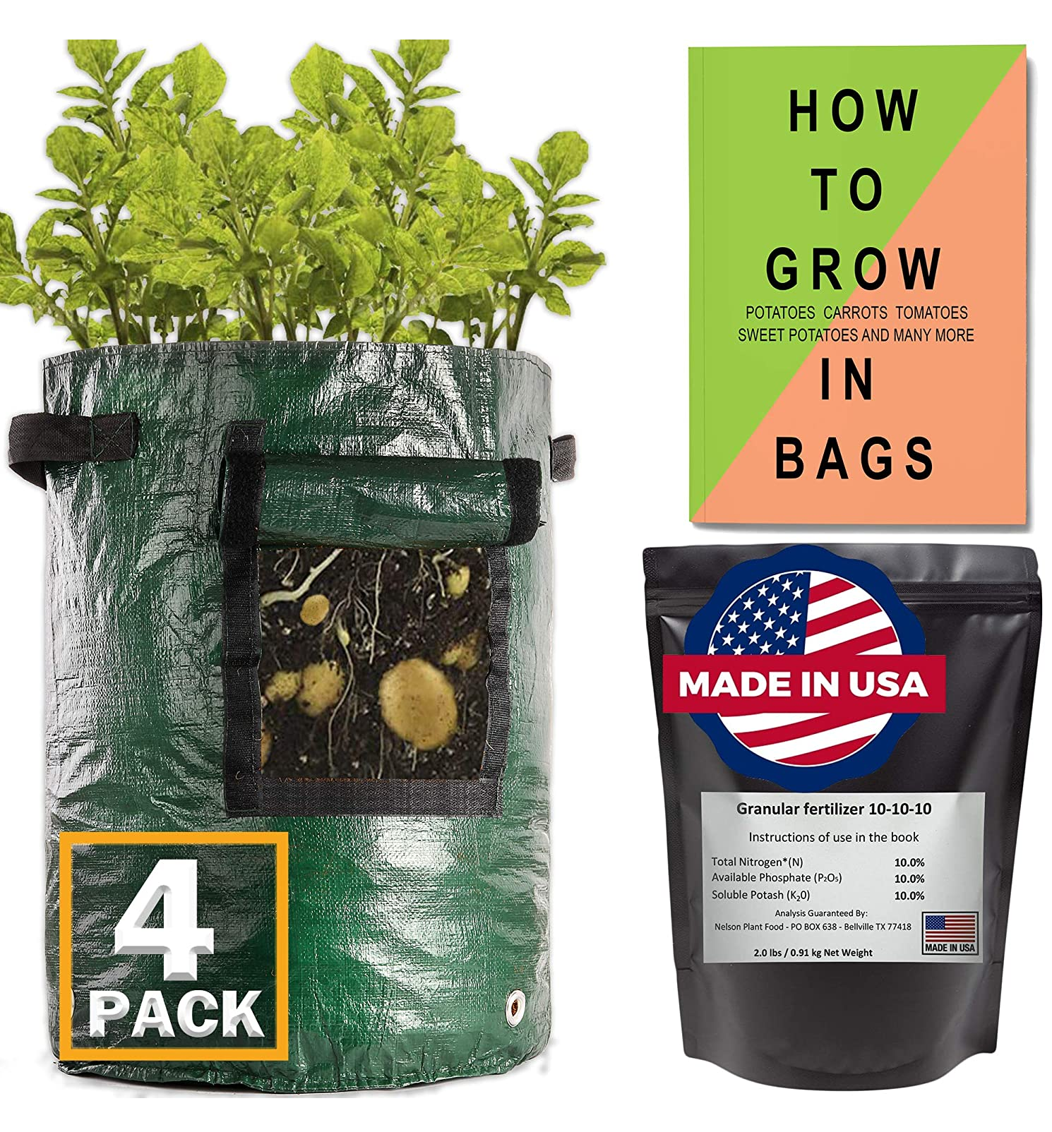 (4 Pack) Heavy Duty 10 Gallon Potato Grow Bags